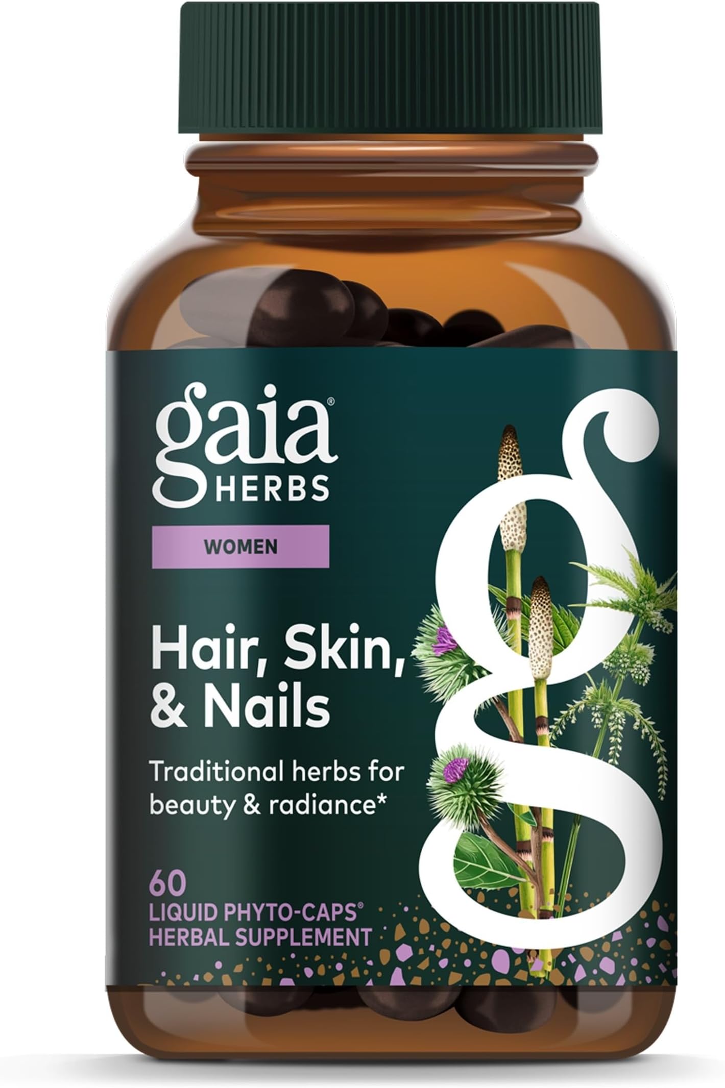 Gaia Herbs Hair, Skin & Nail Support - Helps Promote Healthy Skin, Hair Growth & Nail Growth - with Horsetail, Alfalfa, Burdock, Gotu Kola & Nettle - 60 Vegan Liquid Phyto-Capsules (15-Day Supply)