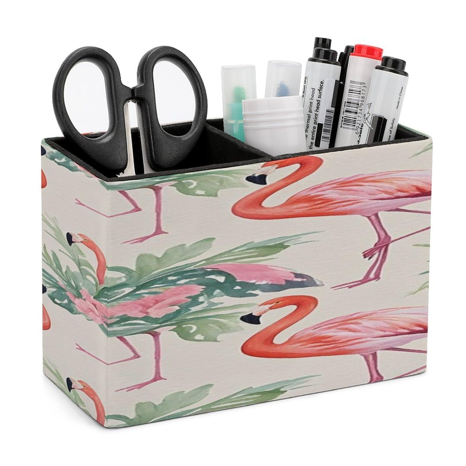 LZQPOEAS Watercolor Flamingo Leather Pen Holder with 2 Compartments Luxury Pencil Holder Minimalist Pencil Cup Brush Scissor Holders Elegant Pen Cup for Office Home Desk Accessories