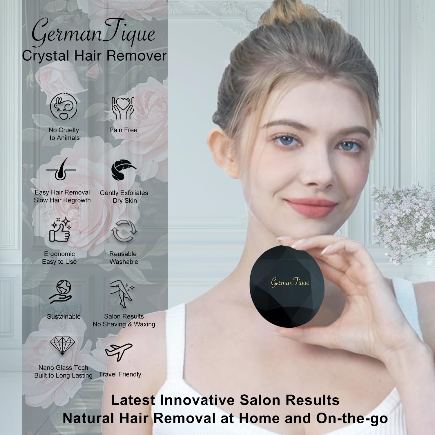GERMANTIQUE Crystal Hair Eraser,Upgraded Crystal Hair Remover Diamond,Painless and Effective Nano Glass Hair Removal Stone and Skin Exfoliation,Natural Epilator for Women and Men(Black) - Image 2