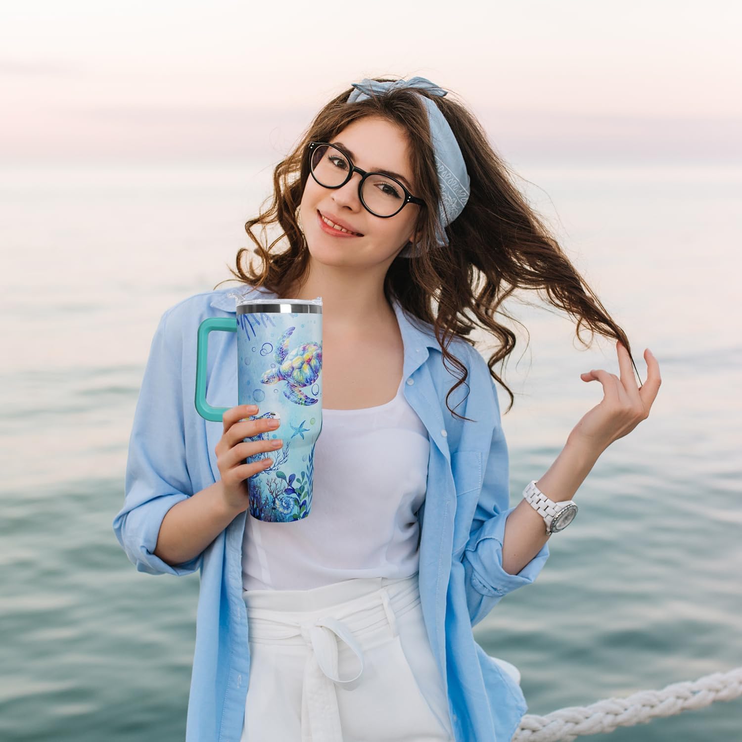 30 Oz Sea Turtle Tumbler with Handle Lid and Straw,Watercolor Ocean Sea Turtle Double Wall Vacuum Stainless Steel Cup Water Bottle Travel Coffee Mug,Hawaiian Sea Turtle Decor,Accessories - Image 6