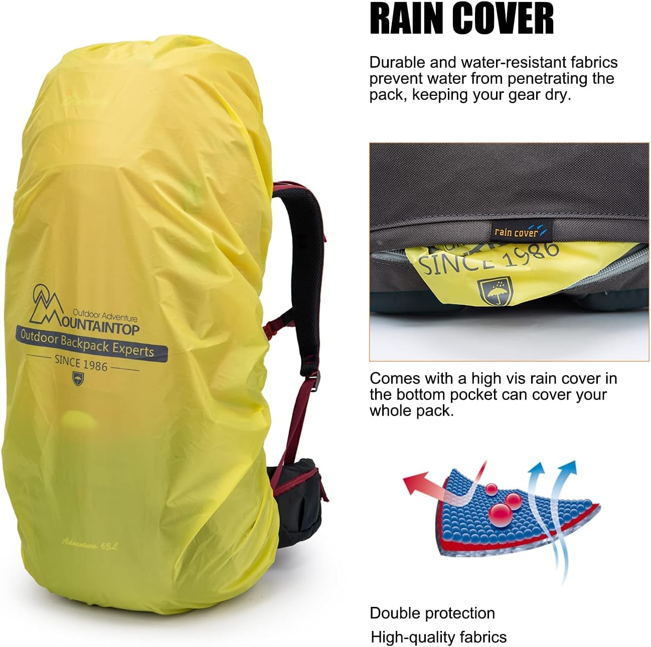 MOUNTAINTOP 65L Internal Frame Backpack with Rain Cover