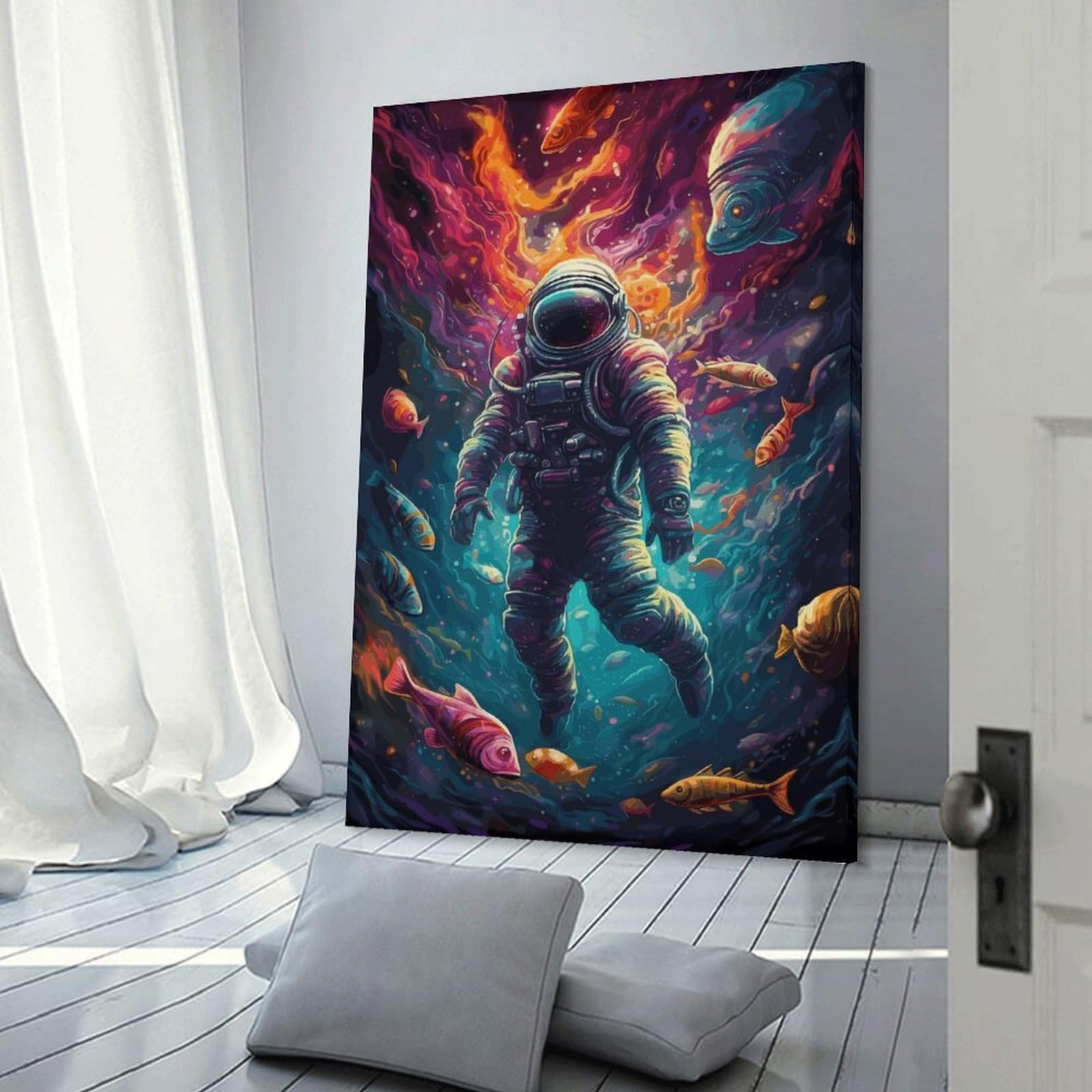 Junmoney Fishing Astronaut Space Wall Art Print 20x30inch(50x75cm), for Corridors, Hallways Or Apartment Entries, Wall Decor to Refresh Empty Corners
