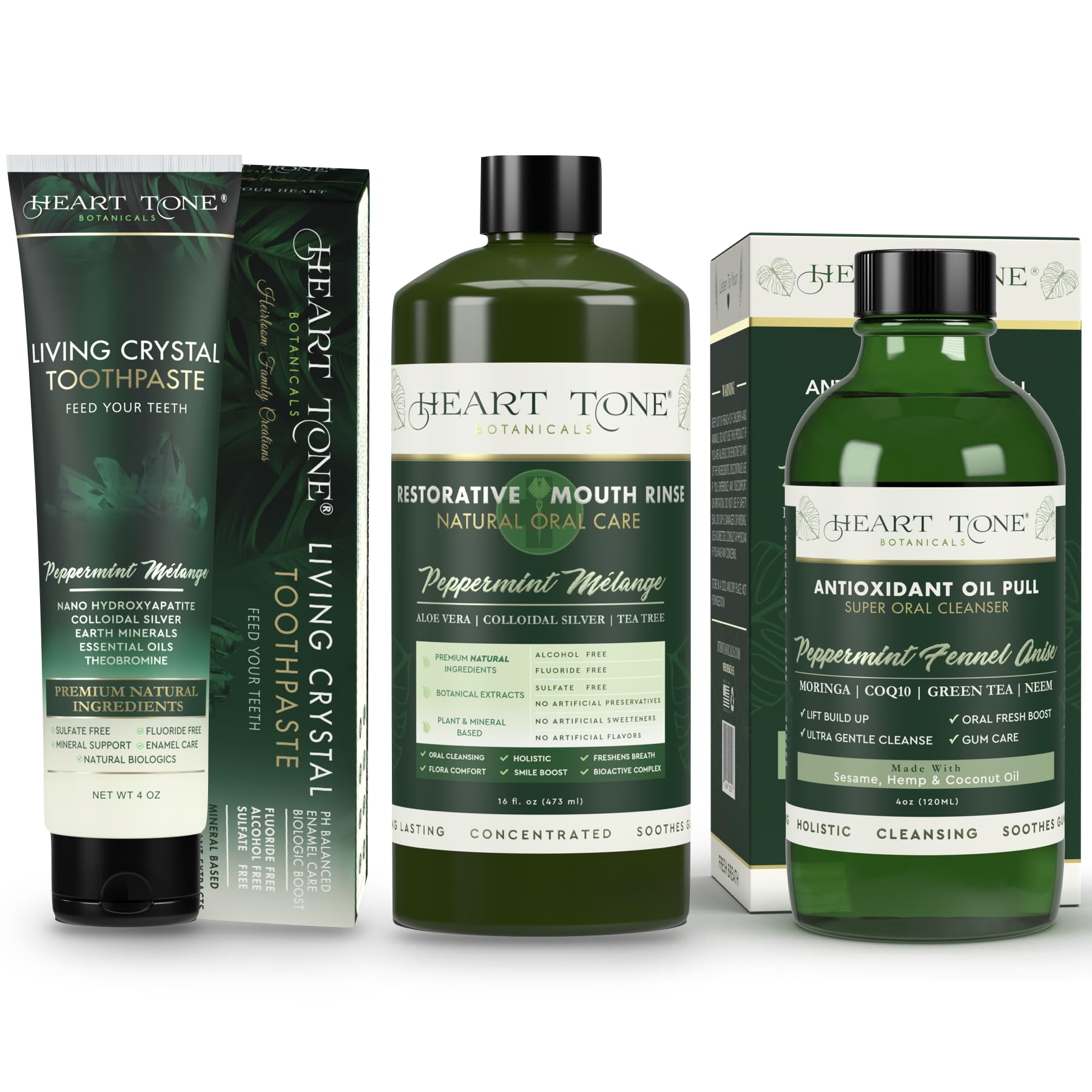 Heart Tone Botanicals Oral Care Set | Natural Toothpaste, Oil Pull & Mouthwash | Radiant Smile | Fluoride-Free & Clean Ingredients | Mineral Complex |