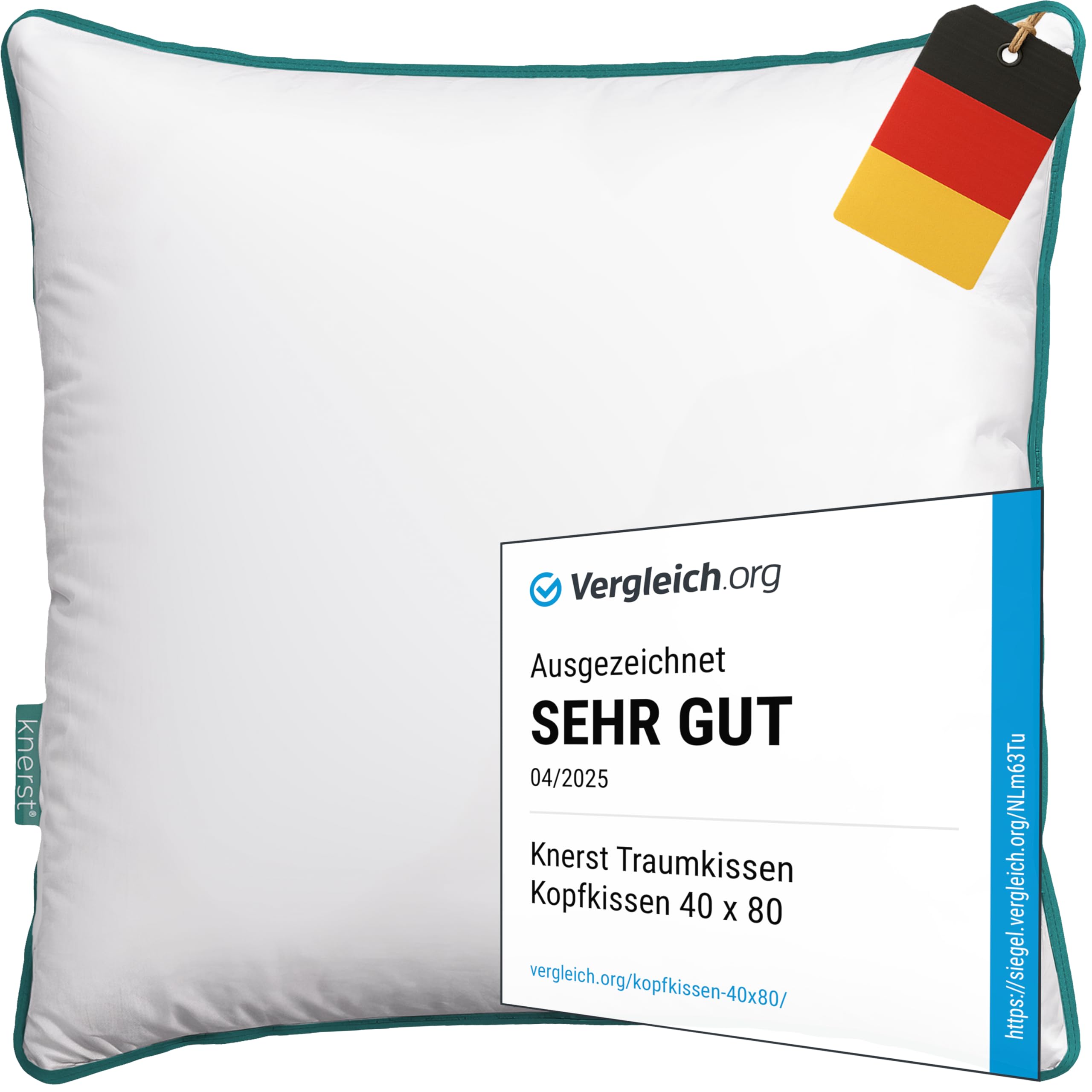 KNERST Kissen mit grüner Biese - Kopfkissen - Made in Germany - Bettkissen - Öko-Tex - Pillow - Polster - Schlafkissen