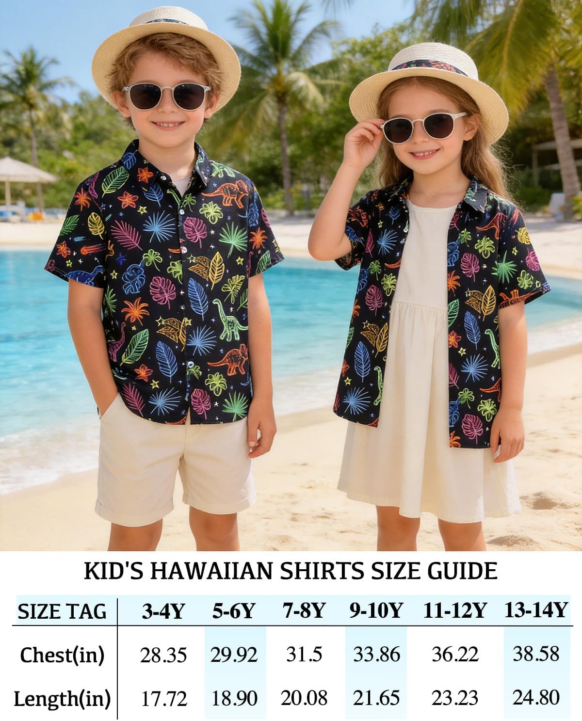 Kids Dinosaur Hawaiian Button Down Shirts,Neon Animals Retro Tropical Cardigan,Boys & Girls Beach Shirts 5-12 Years