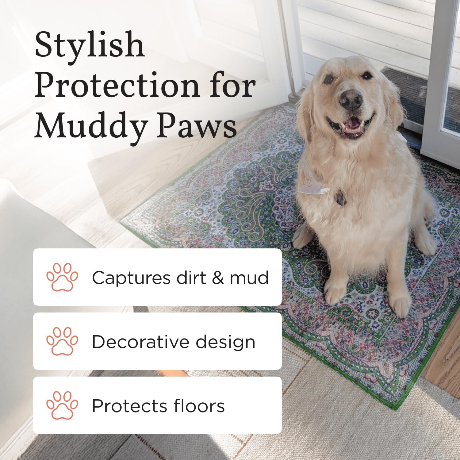 Lovewag Pets Stylish Waterproof Dog Mats for Muddy Paws - Decorative Washable Pet Floor Protectors - Large 36 x 48 Inch Rug-Look Pads - Machine Washable, Non-Slip Backing - 2 Pack (Marmalade Sunshine)