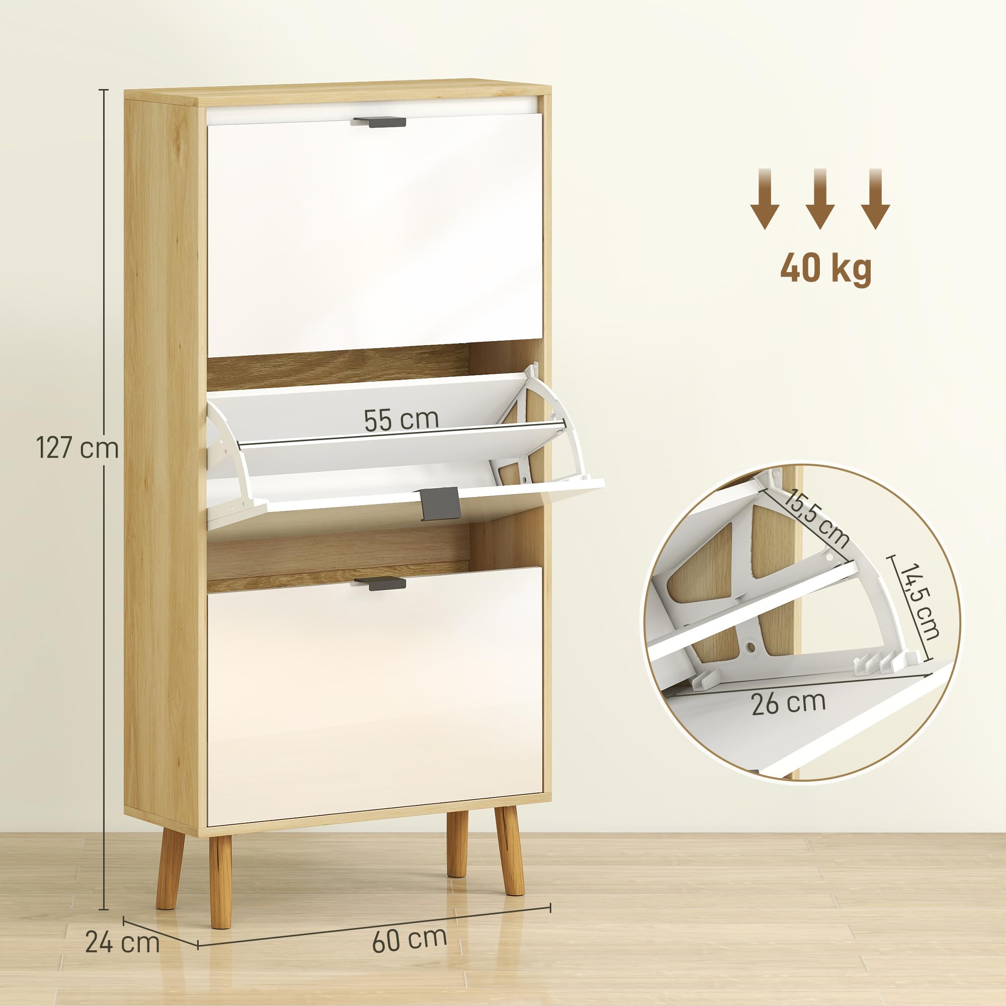 HOMCOM Zapatero Estrecho con 3 Puertas en Blanco Brillo, Zapatero Entrada Recibidor con Estantes Ajustables Patas de Madera, para 18 Pares de Zapatos, 60x24x127 cm Blanco