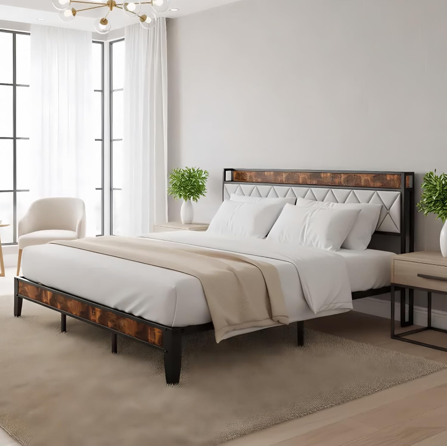 Metal Bed Frame Queen Size with Charging Station & Upholstered Headboard, Heavy Duty Metal Platform Bed Frame No Box Spring Needed, Easy Assembly, Noise-Free, Black