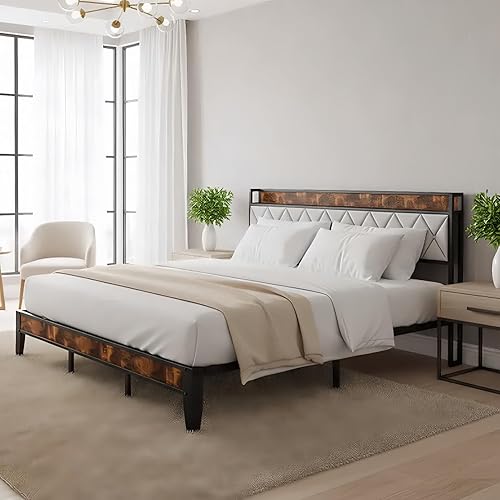 Metal Bed Frame King Size with Charging Station & Upholstered Headboard, Heavy Duty Metal Platform Bed Frame No Box Spring Needed, Easy Assembly, Noise-Free, Black