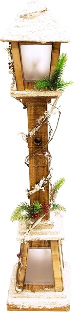 The Christmas Workshop 71200 Snow Topped Wooden Lamppost / 10 Warm White LED Lights / Indoor Christmas Decorations / Frosted Star Windows / Battery Powered / 85cm x 16cm x 16cm