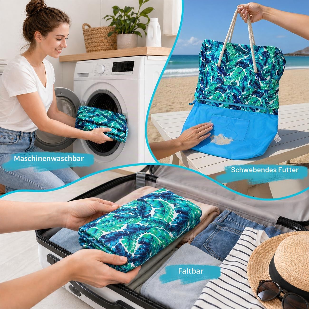 RAVUO Strandtasche Damen, Badetasche XXL Familie Extra Groß Wasserdicht Sanddicht Strandtasche mit Reißverschluss Beach Tote Bag