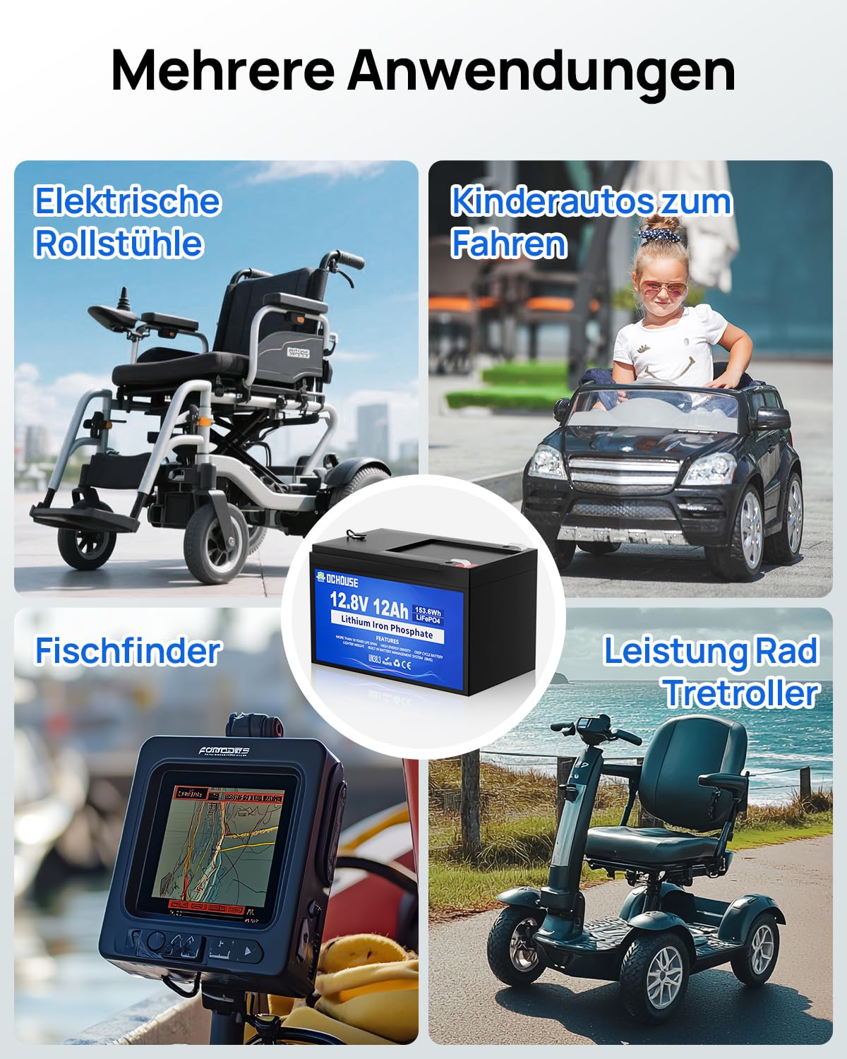 DCHOUSE 12V 12AH LiFePO4 Lithium Batterie mit 15A BMS, 10 Jahre Lebensdauer, 10000+ Zyklen, für Marine, Trolling Motor Fish Finder, Kajak, Power Wheels