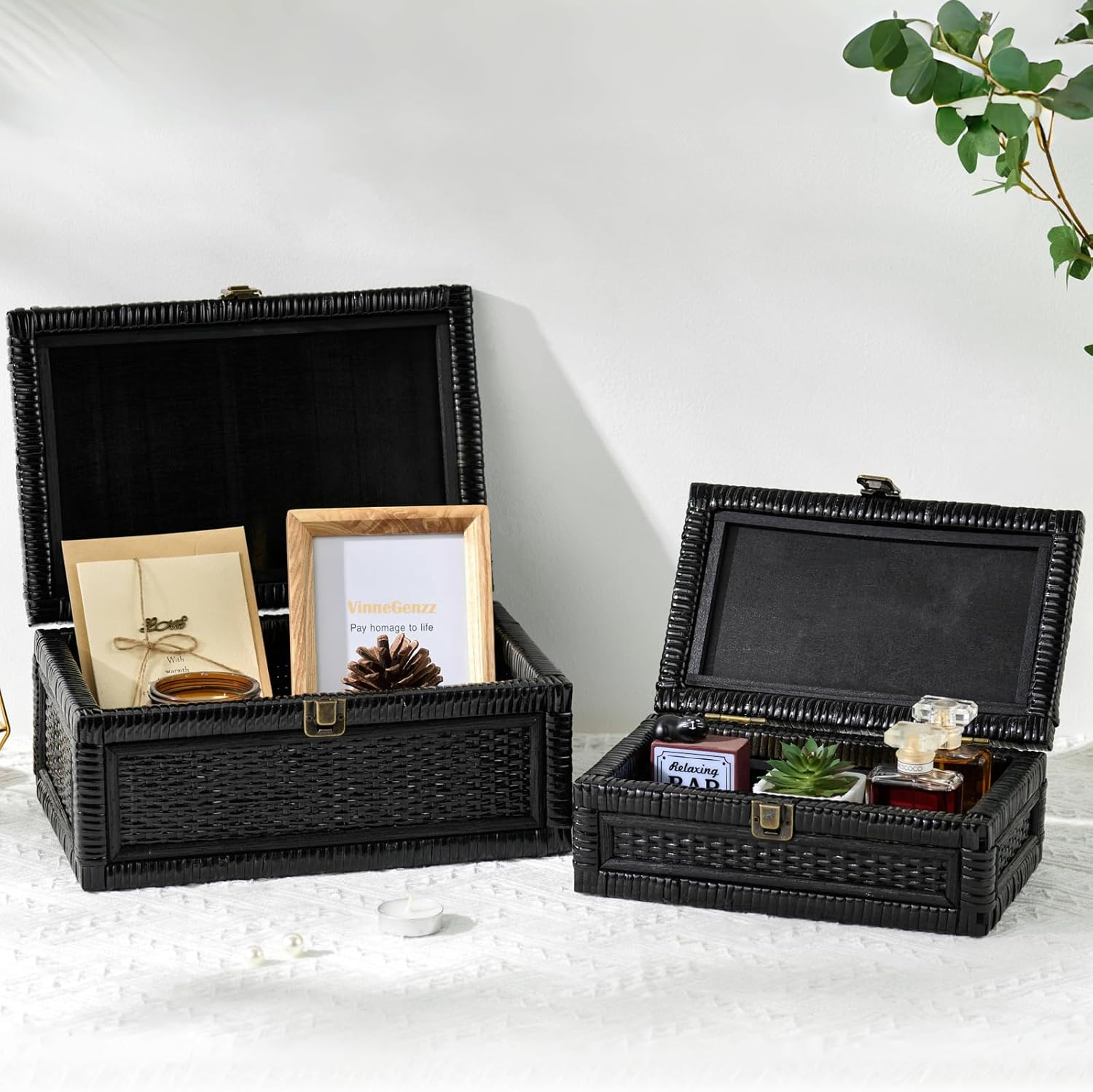 Rattan Box with Lid Decorative Natural Handmade Boho Rattan Baskets Woven Wicker Cane Bins Keepsake Memory Jewelry Boxes Rectangular Desk Shelf Closet Organizer Container (Black, Small)