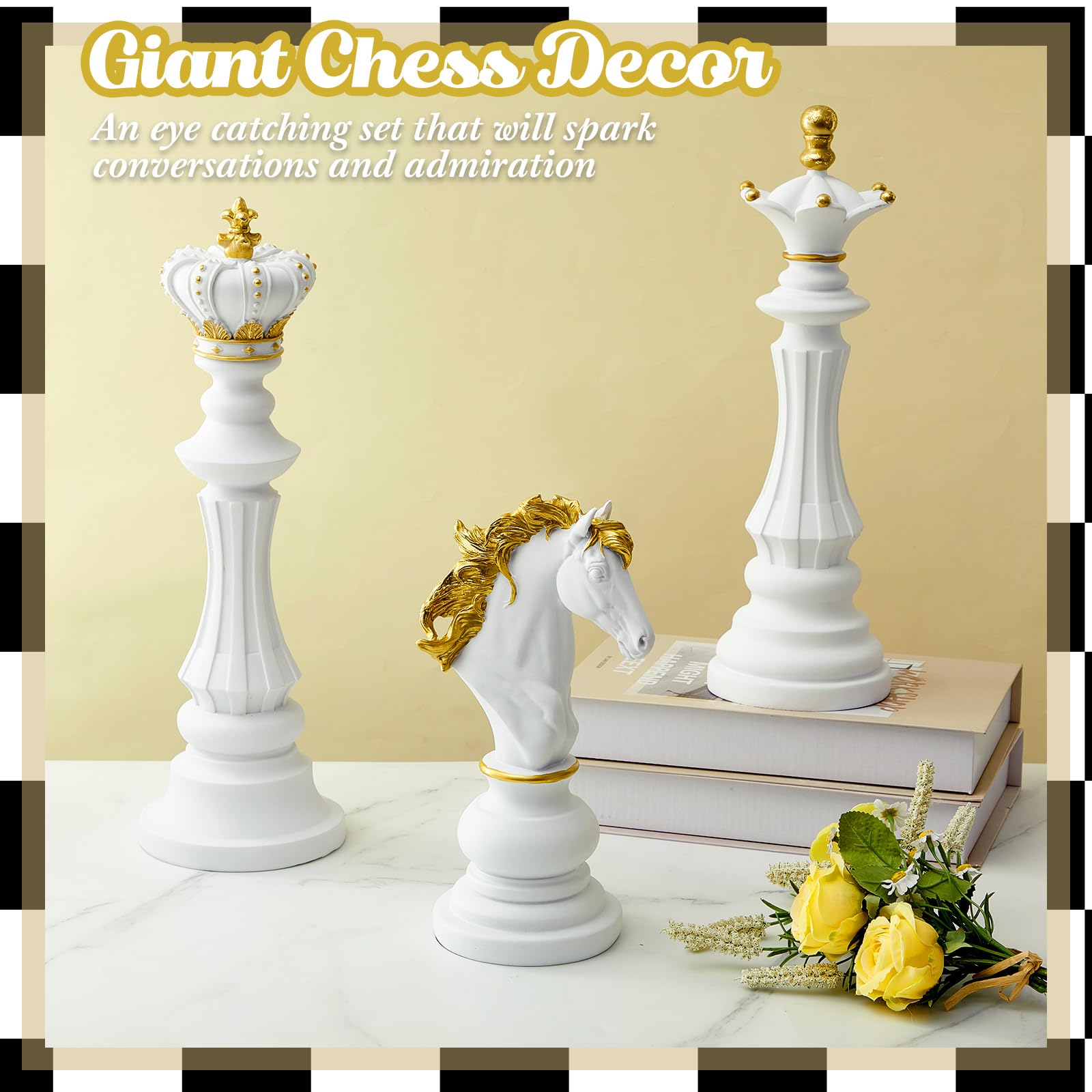 3-teiliges großes Schachfiguren-Dekor-Set, 26,7 cm, 37,7 cm, Königin, Ritter, Schachfigur, Ornament, Geschenk für Zuhause, Büro, Schreibtisch, Tisch, Schrank (weiß)