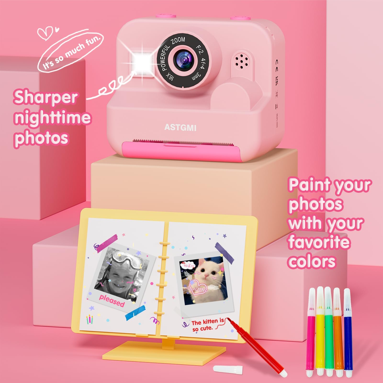 Camara Fotos Infantil instantaneas,Selfi Camara instanea,1080P 2,4''HD Video Camara Fotos Infantil para niños con Tarjeta SD de 32GB,Regalos de Juguete para niñas de 3 a 12 años Cumpleaños Navidad