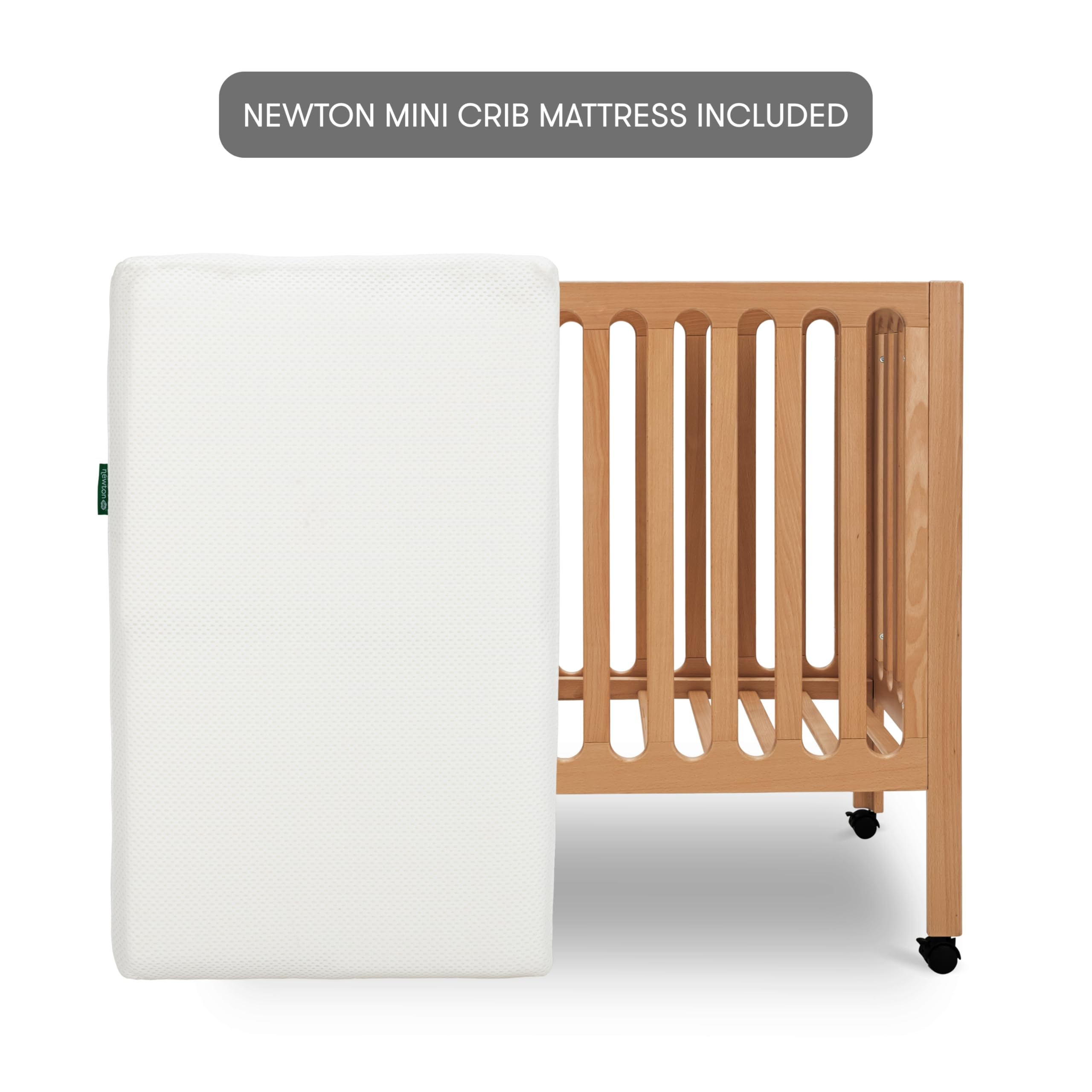 Newton Baby Galileo Mini Crib Solid Beech Wood with Wheels in Chestnut Color, Mini Crib Mattress Included, Adjustable Mattress Height, Ultra-Safe Non-Toxic Finish