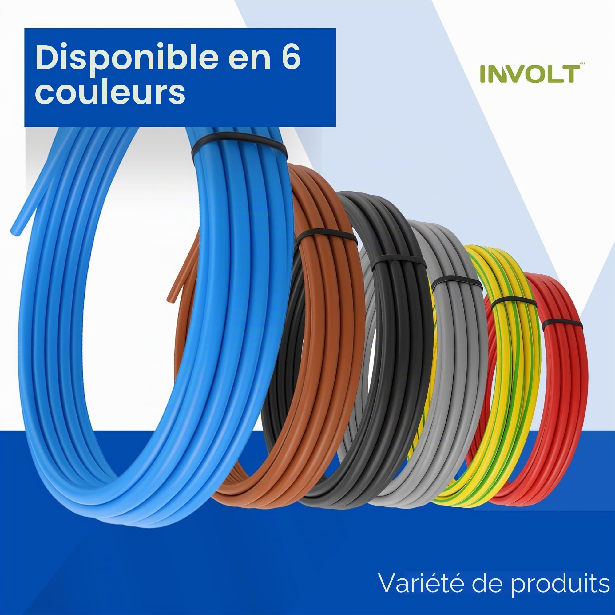 INVOLT H07V-K kit 10mm² 3x5m noir/bleu/vert-jaune, 100 embouts, VDE, Fabriqué en Allemagne