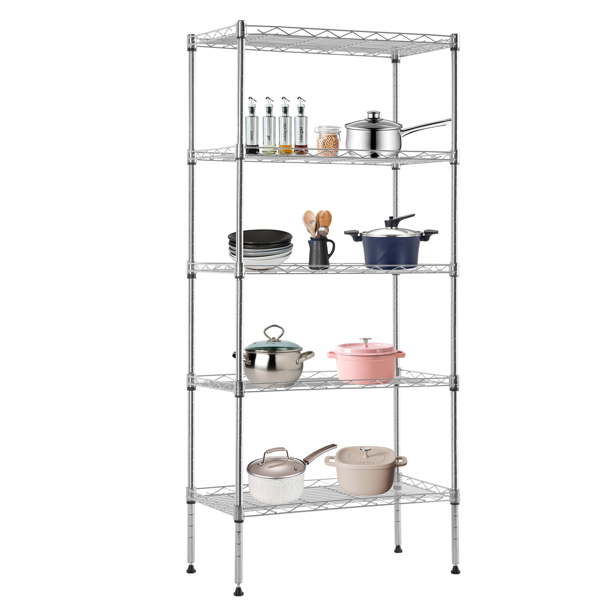 BestOffice Estantes de almacenamiento de alambre de 5 niveles, 22 x 12 x 48 pulgadas, cromados, con estantes ajustables, estante de metal resistente, soporta hasta 750 libras, montaje sin herramientas
