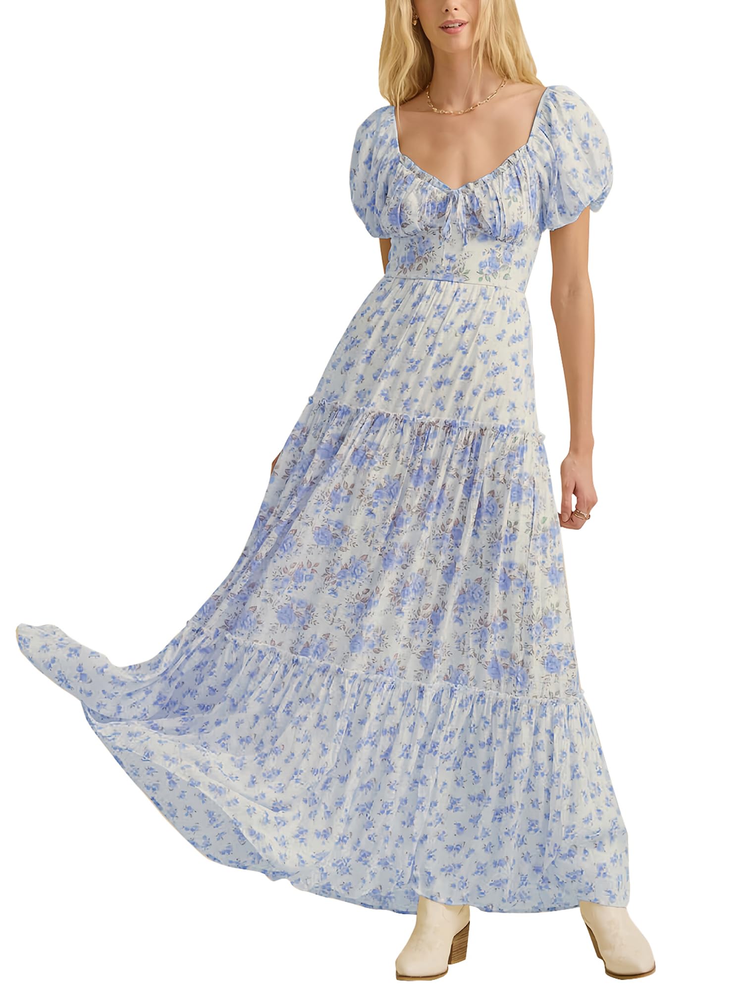 Acrawnni Women's Casual Bohemian Dress Puff Sleeve Square Neck Floral Print Summer A-Line Maxi Dress Beach Holiday Sundress (G-Blue, M)