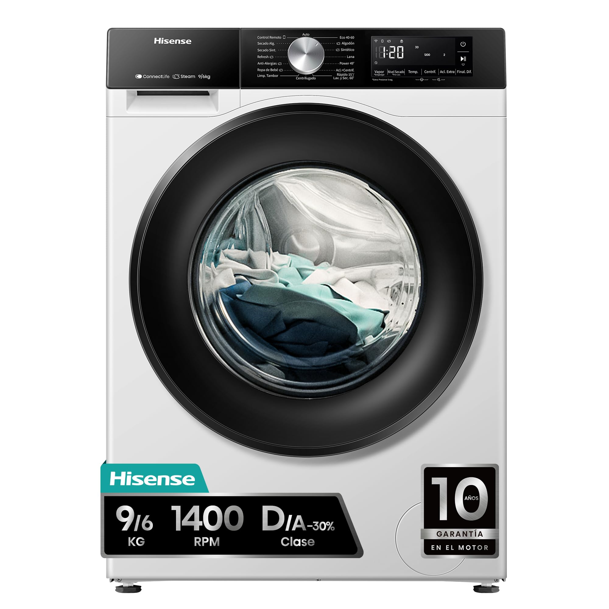Hisense WD3S9043BW3-Lavadora Secadora, 9/6Kg, Class A-30%/D, 1400 RPM, Ancho 60cm, 15 Programas, Tecnología Inverter, Serie 3S