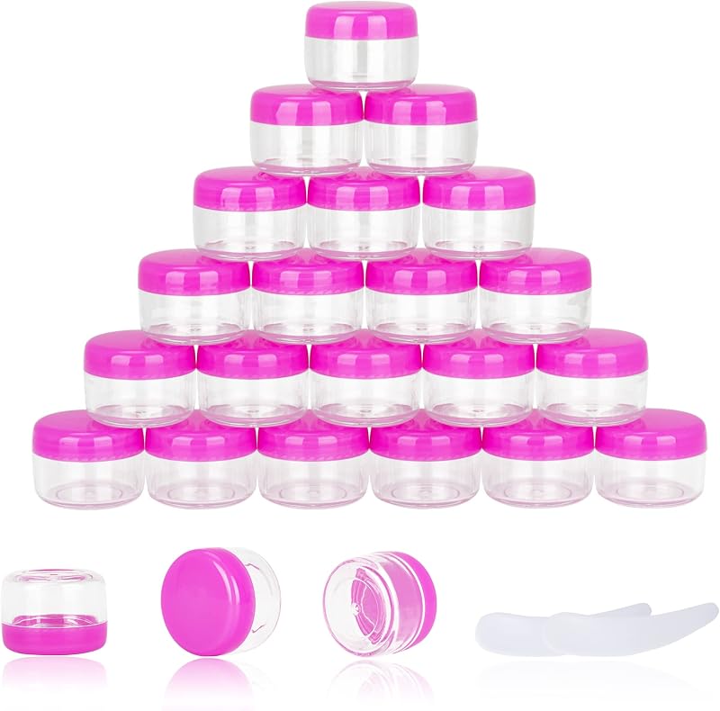 YOMOSPACE Frascos Recarregáveis para Cosméticos 5 mL com Tampa Rosa, Pacote com 25 e 2 Espátulas
