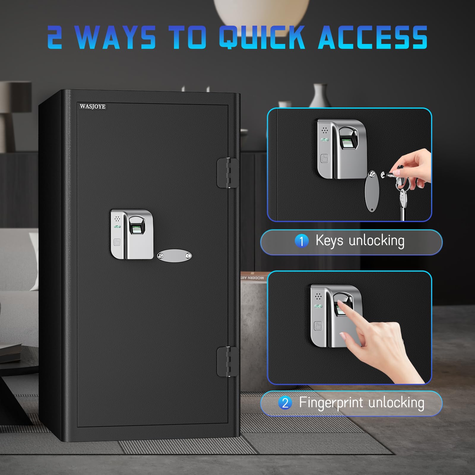 WASJOYE 103L Großer Fingerabdruck Tresor für Zuhause, Safe mit Feuerfeste Schublade, Biometrischer Möbeltresore, Tresor mit 2 Schlüssel, Büro Hotel Geld Dokument Schmuck Reisepass, 70 * 37 * 40cm