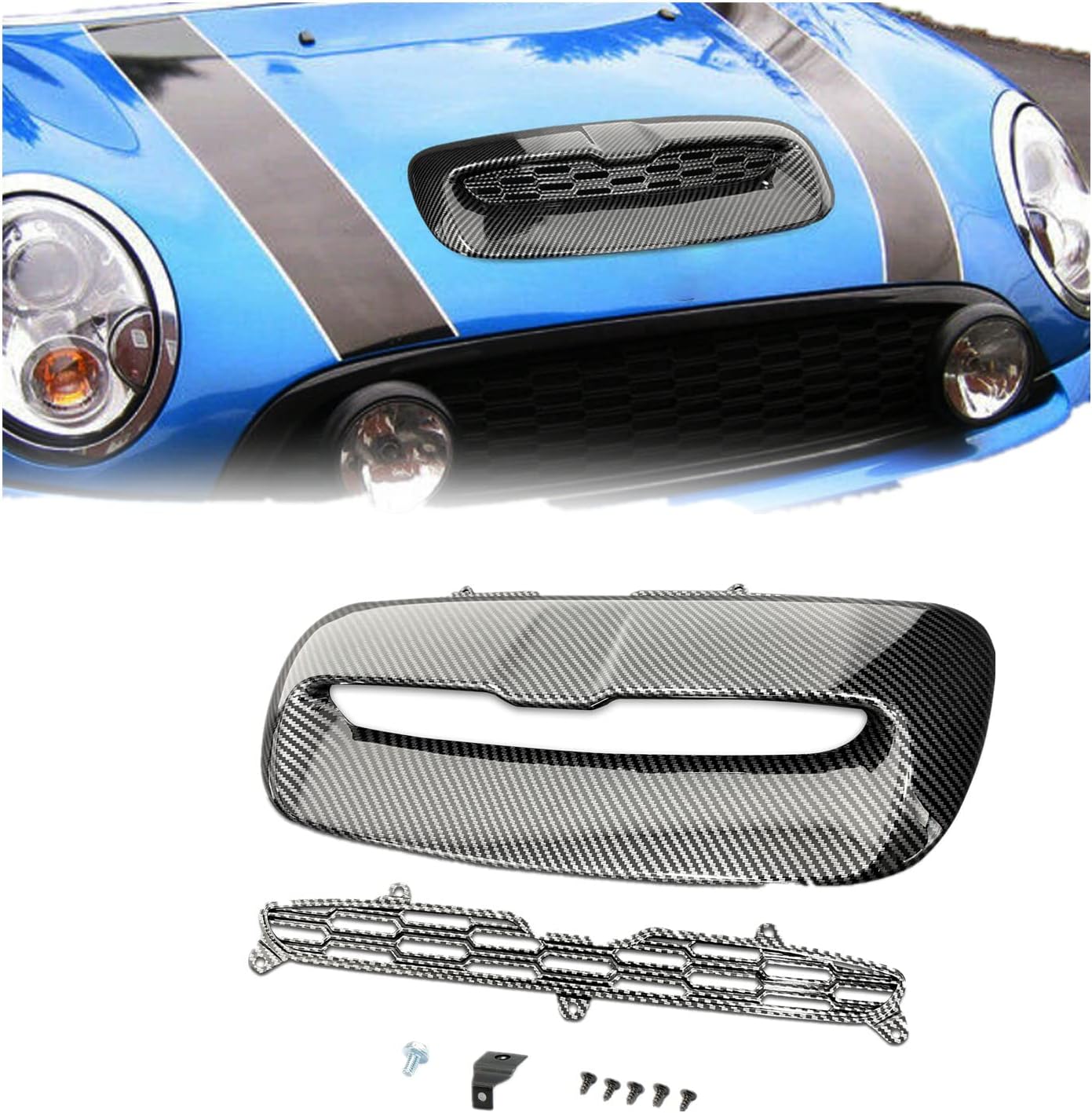 Mini Cooper Hood Scoop Compatible with 2007-2013 Mini Cooper S R55 R56 R57 R58 R59 Air Intake Vent Carbon Fiber Printing