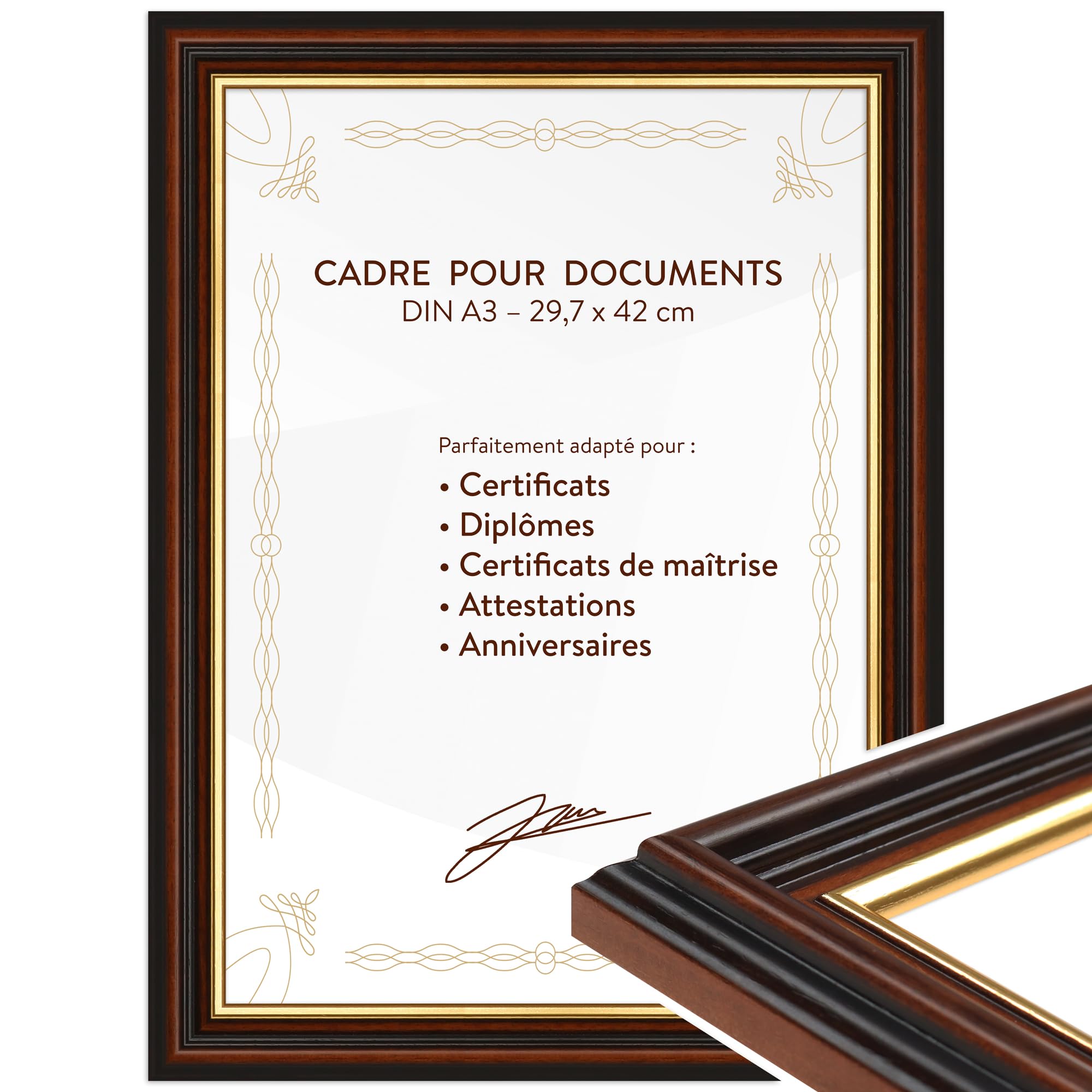 WANDStyle Cadre photo A3 bois, cadre diplome A3 marron, cadres photo pour certificats, cadres photos 30x42 cm vintage, encadrement tableau à suspendre, picture frame H015 - Made in Germany