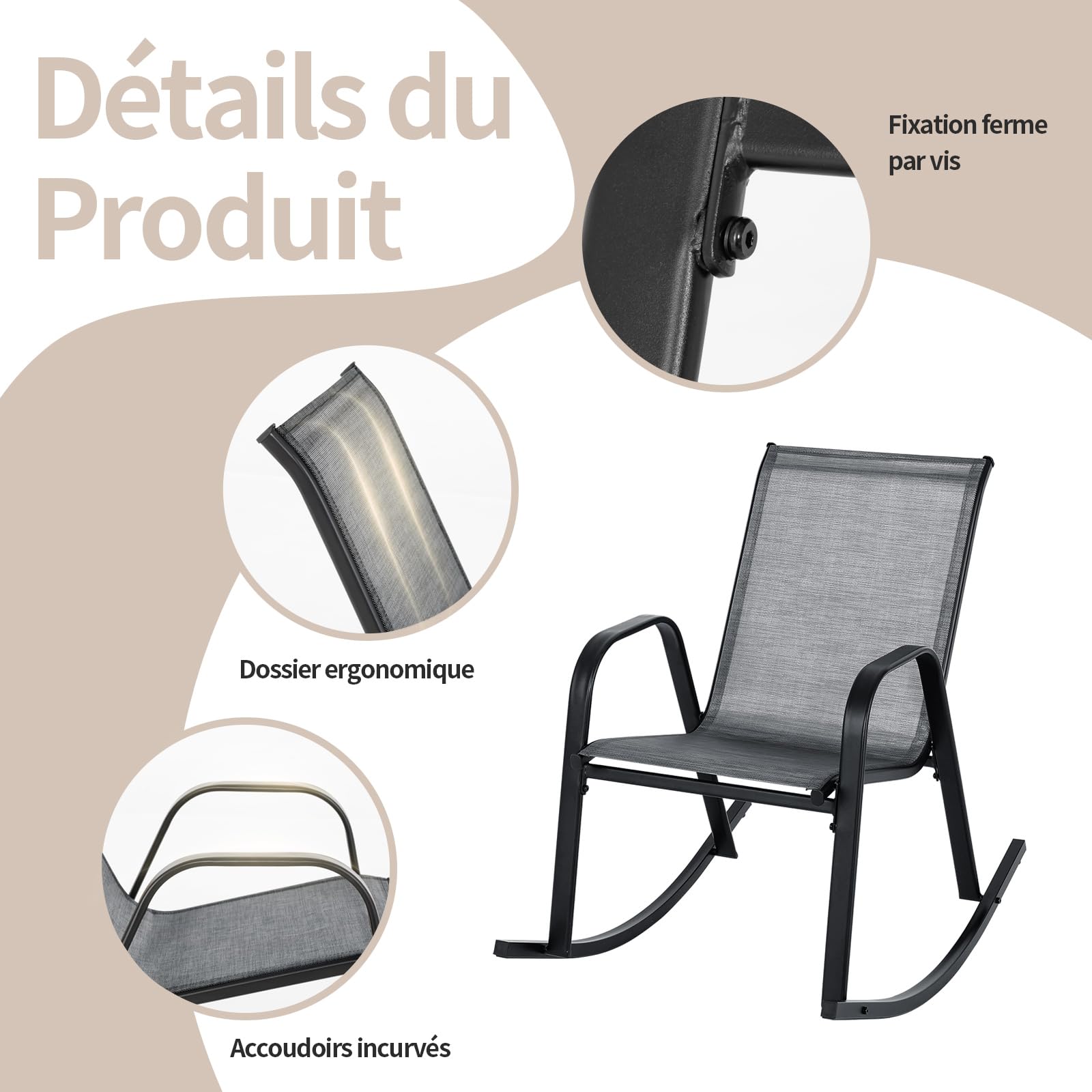 COSTWAY Chaise de Jardin à Bascule Lot de 2, Fauteuil à Bascule avec Accoudoirs, Cadre en Métal, Rocking Chair Ergonomique pour Jardin, Piscine, 91 x 62 x 86 cm (Gris)