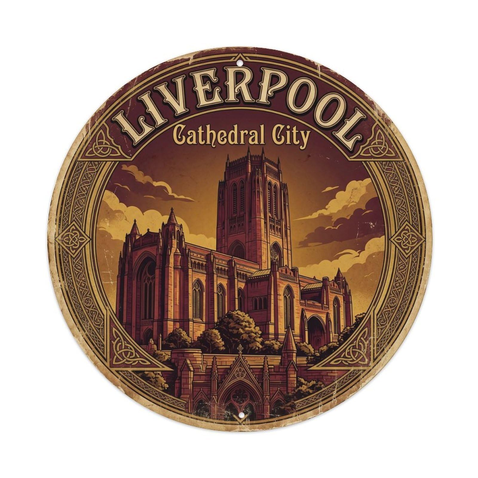 Vintage Travel Liverpool Cathedral Metal Tin Sign Plaque Wall Decor for Cafe, Club, Garden Round Metal Poster 8x8Inch