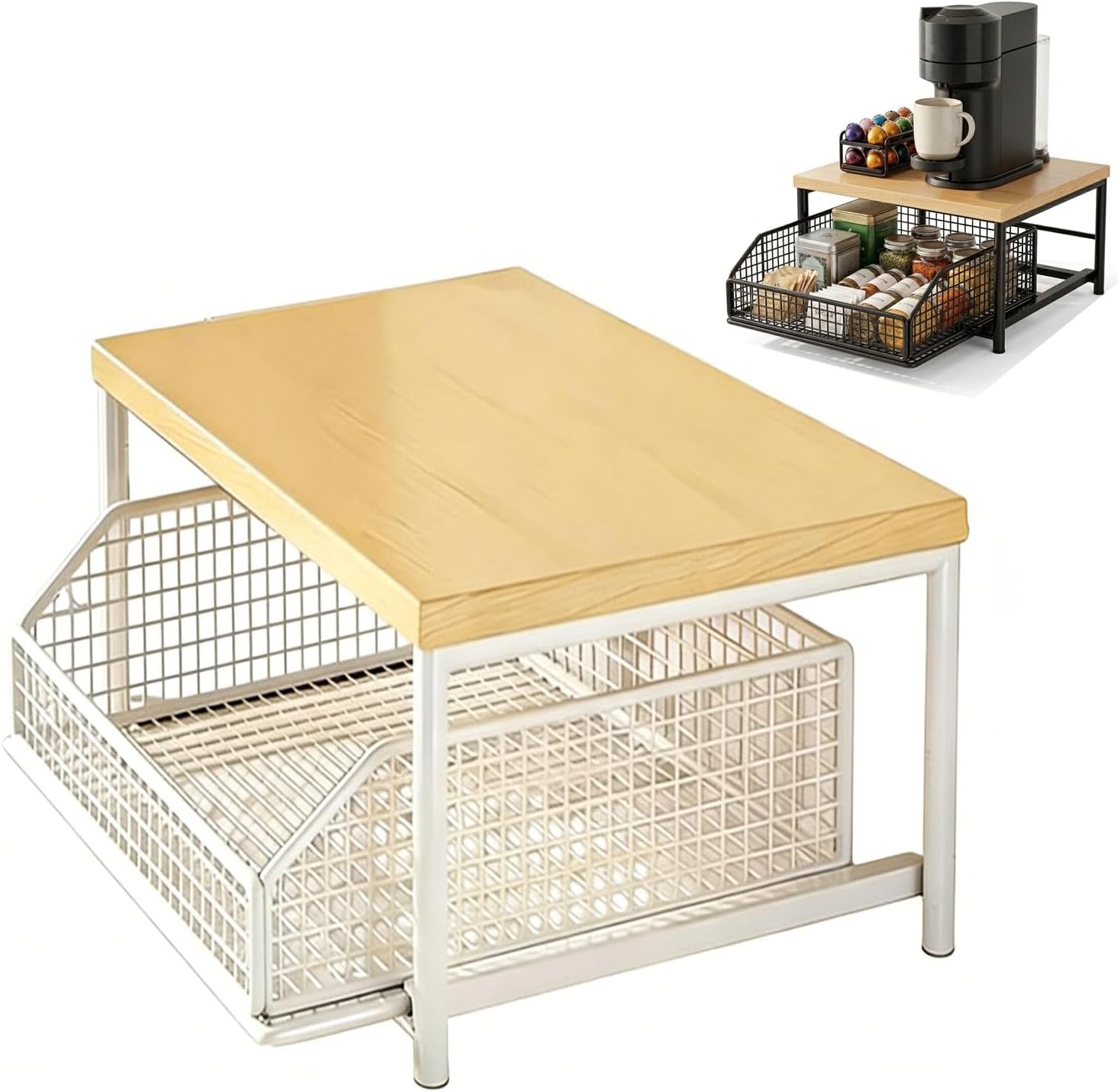 Kitchen Countertop Organizer with Drawers, 2-Tier Hardwood Counter Shelf with Drawer and Wire Basket, Kitchen Countertop Storage for Microwave, Coffee Maker, Spices & Fruit (Monolayer-black)