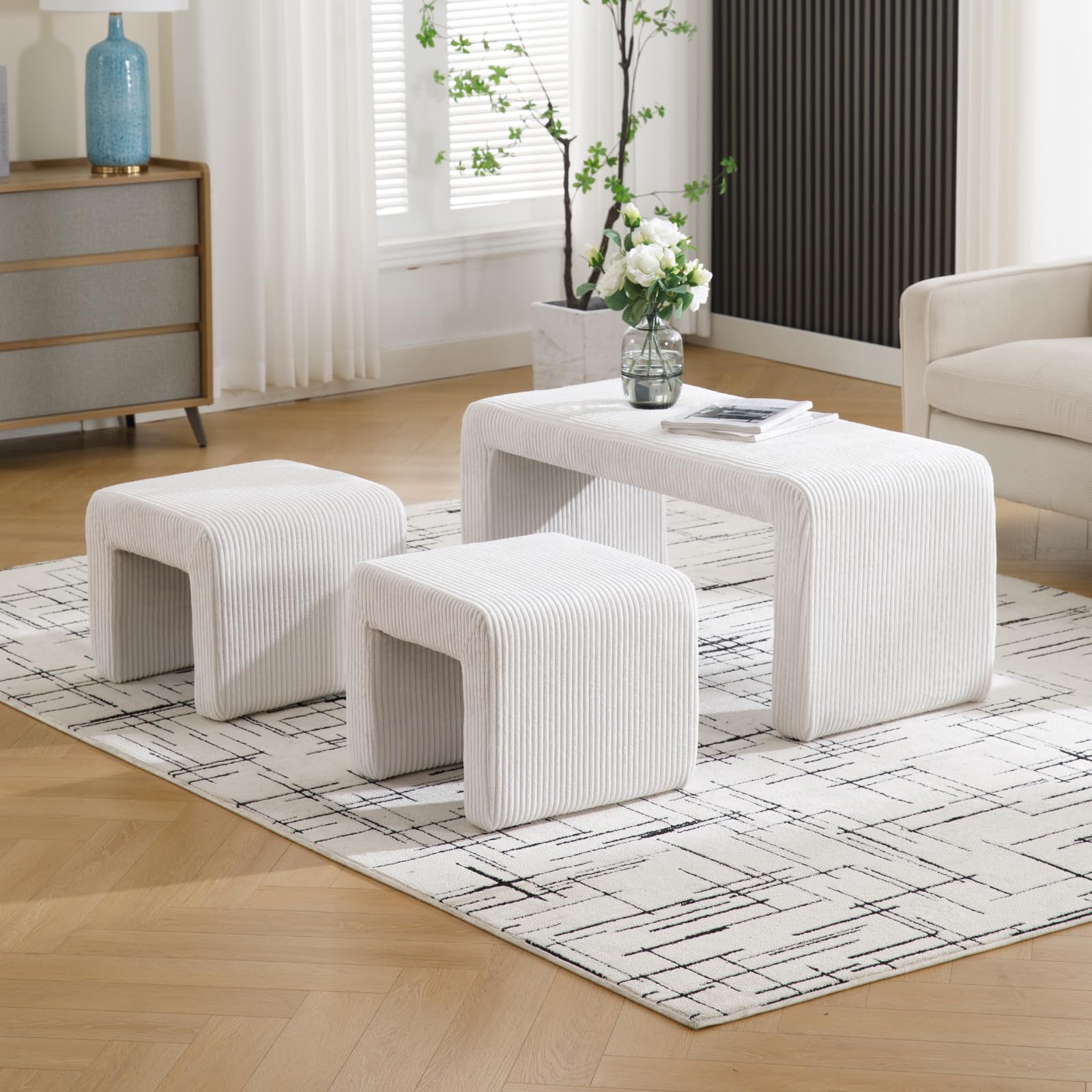 chairus Banco Dormitorio Tapizado de Pana Banco de Cama Moderno con 2 Taburetes de Salón Pequeños, Banco de Entrada Montables para Hogar/Sala de Estar, Blanco