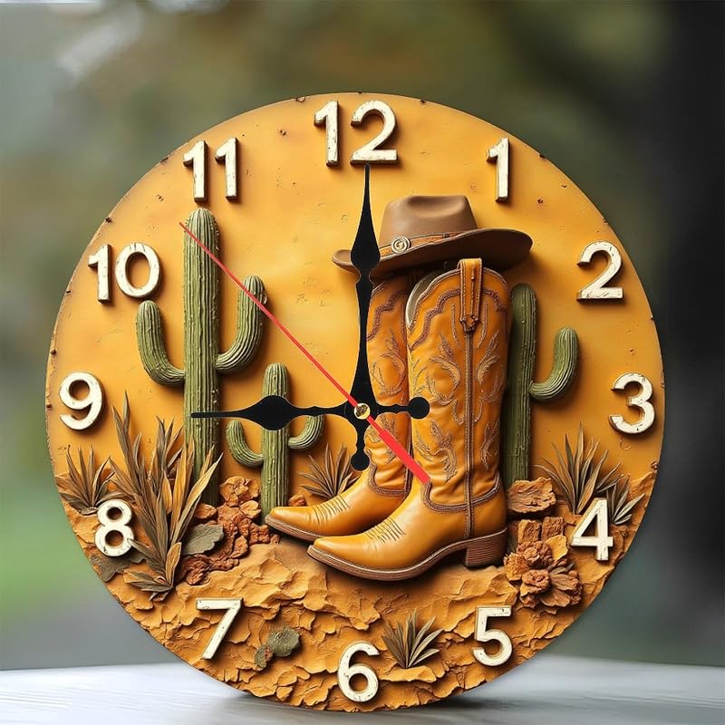 Reloj de pared con diseño de cactus y botas de vaquero, decoración occidental, reloj de pared de madera de 10 pulgadas, movimiento silencioso, decoración artística del hogar