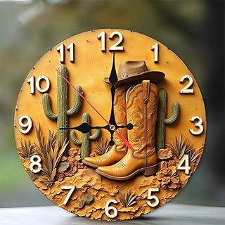 Cowboy Boots Cactus Wall Clock Western Decor 10-Inch Wooden Wall Clock, Silent Movement, Artistic Home Decor