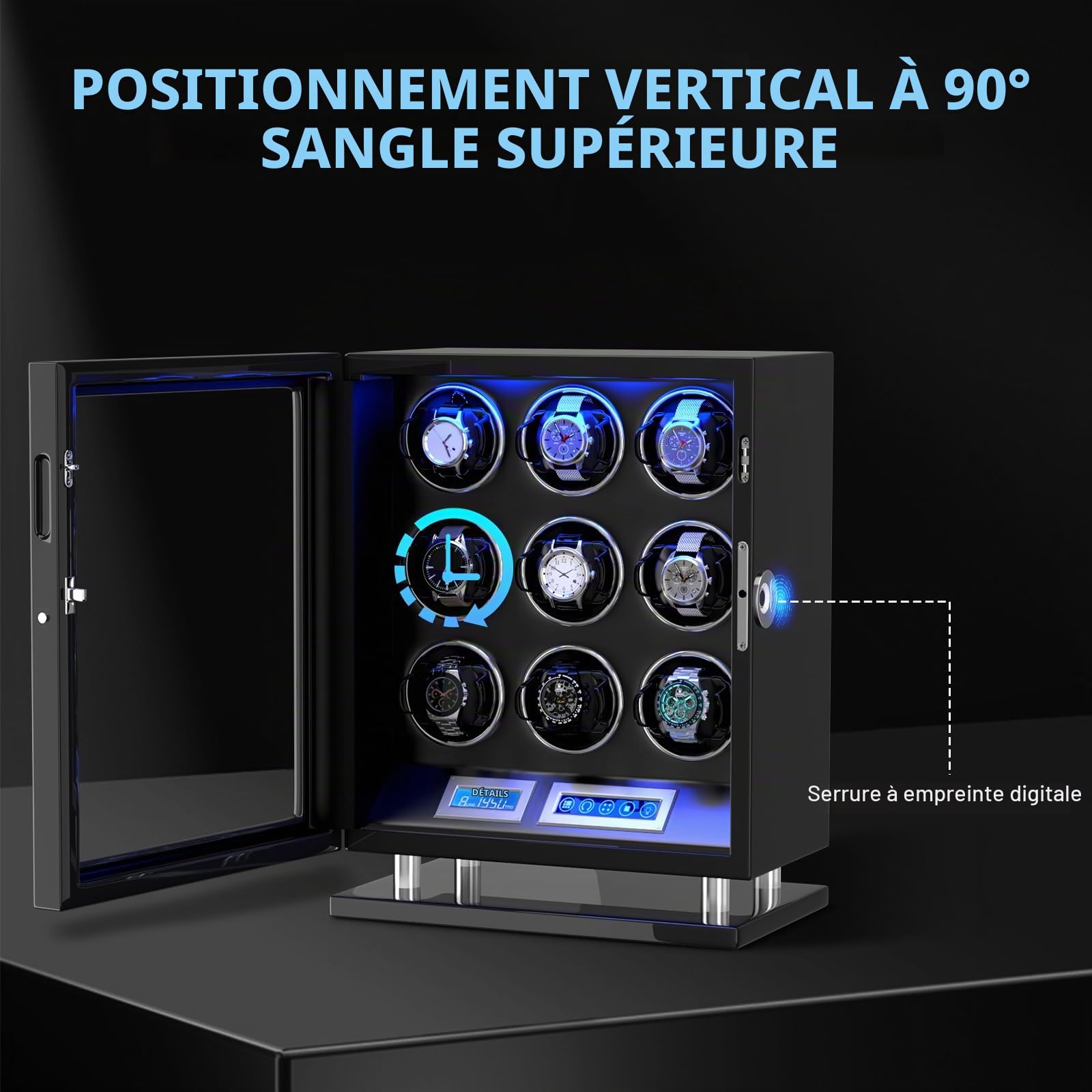 XTELARY Remontoir automatique pour montre 3/4/6/8//9/12 avec écran tactile LCD, télécommande, LED bleue, moteur silencieux et coussin de montre réglable pour homme et femme