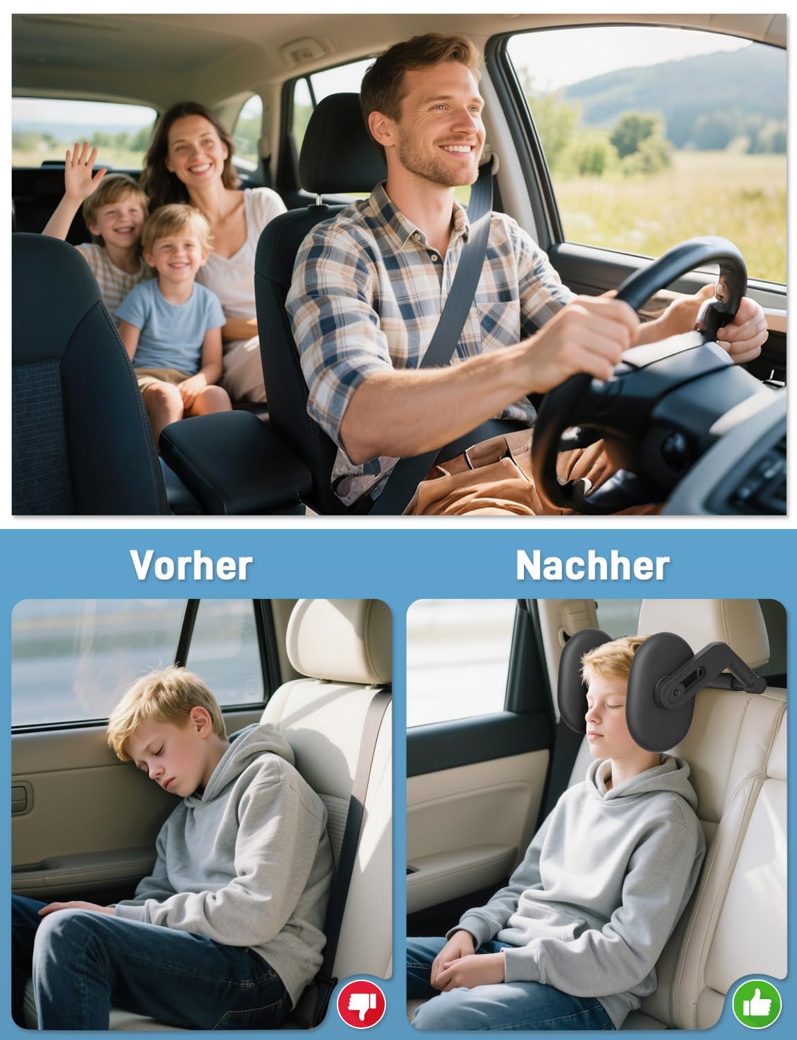 Oasser Auto Kopfstütze für Lange Fahrten, 360 Grad Rotation Kopfstützen verhindert Kopf gegen Scheibe für Kinder und Erwachsene, Höhenverstellbar 140-190cm Autositz Kissen