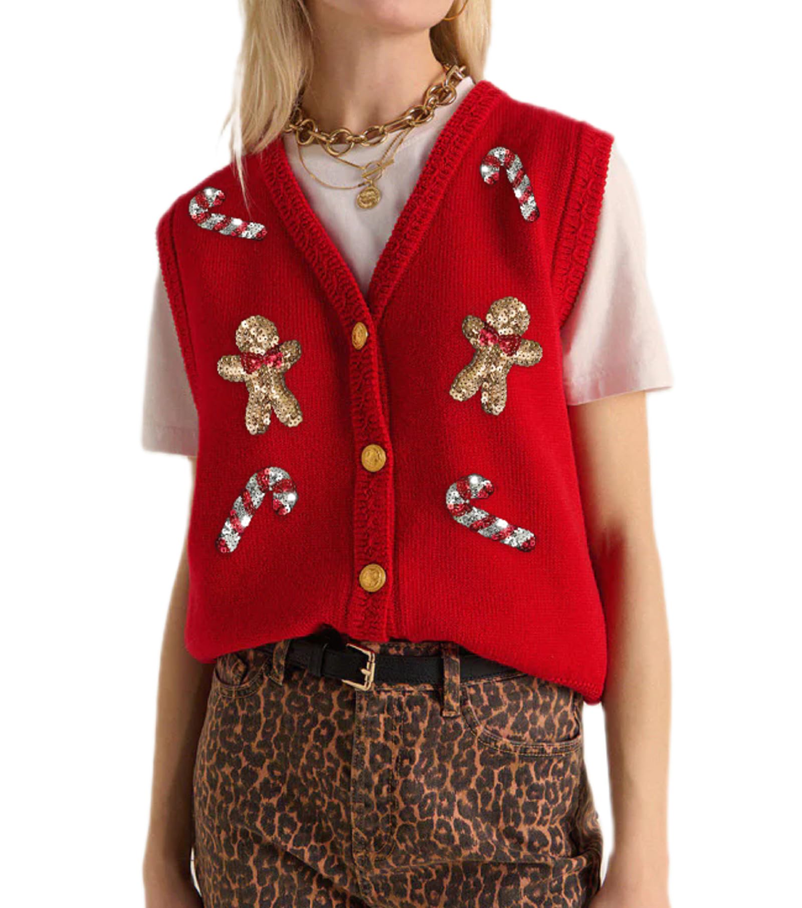roaonocomo Women Christmas Knit Vest Button Down V Neck Sweater Vest Sequin Embroidered Sleeveless Cardigan Xmas Clothes-picture-39