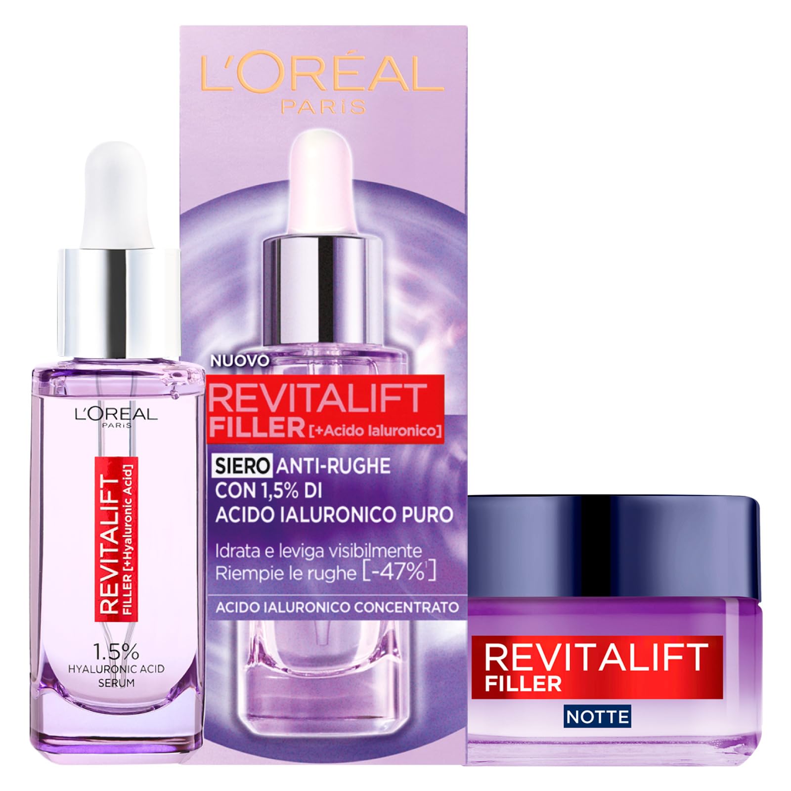L'Oréal Paris Revitalift Filler Siero Viso Azione Rimpolpante + Crema Notte Anti-Rughe Rivolumizzante Acido Ialuronico 2 Trattamenti