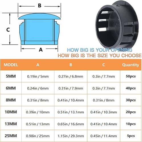 Miniatura 4 de Tapones de plástico negro de 6 tamaños, tapón de orificio para tapa de tornillo de puerta, tapón de orificio de bloqueo de nailon surtido para