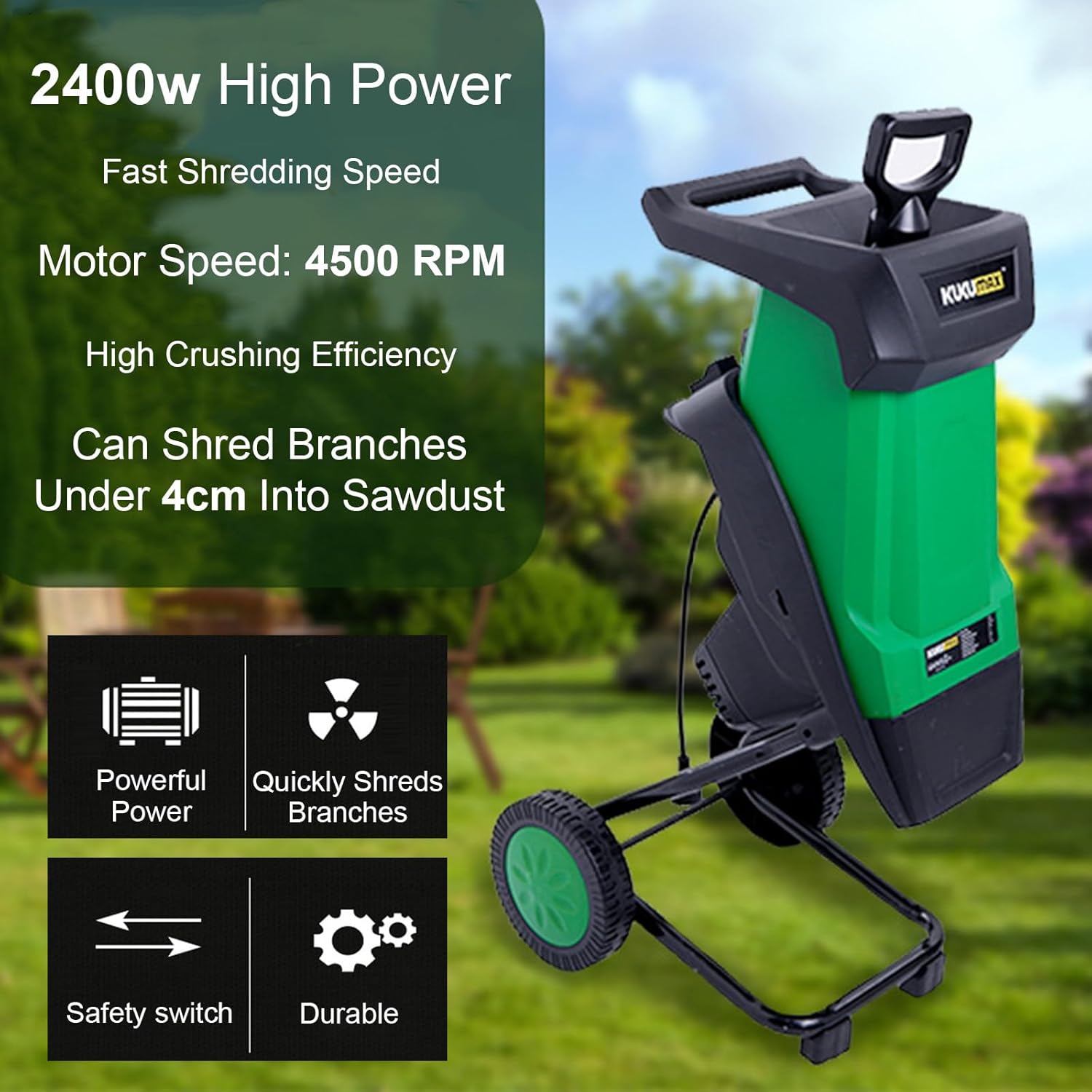 Wood Chipper, 2400W Garden Shredder, Electric Mulcher Shredder, 1.5 Inch Cutting Diameter, Safety Locking Knob, for Easy Cleanup for Branches, Leaves,Yard Waste Green