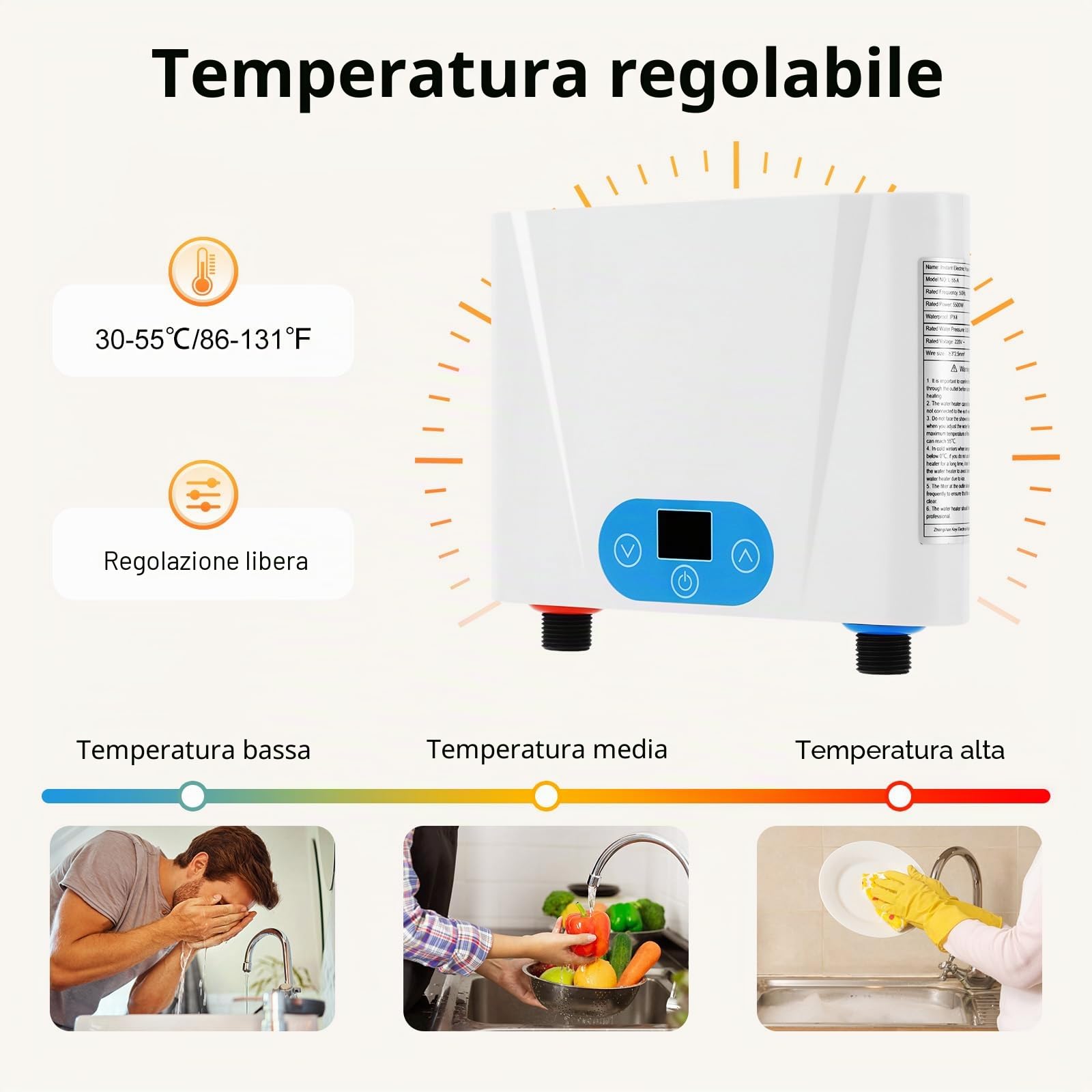 Scaldacqua istantanea da cucina [5,5 KW/220 V] compatto scaldabagno sotto tavolo – con display touch, termostato da 30 – 55 °C e IPX4 (bianco, montaggio a parete) per lavelli, bagno/bar