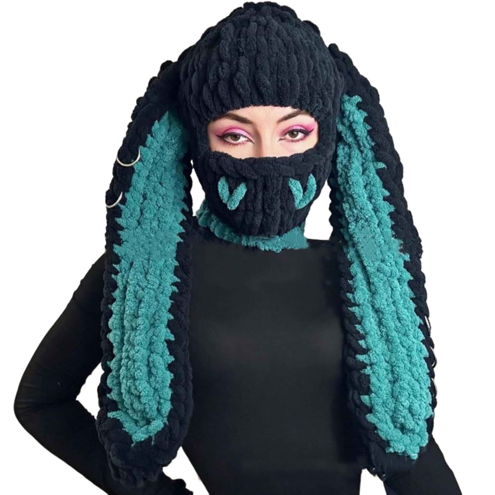 Cute Y2k Knit Balaclava Crochet Rabbit Face Mask Winter Warm Hats Slouchy Bunny Ear Skull Beanie for Women Men
