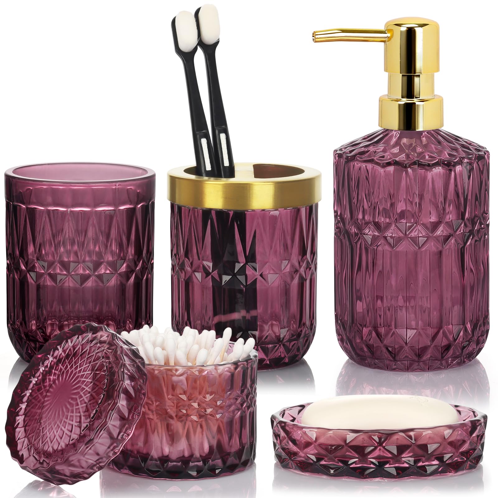 Ulable Bathroom Accessories Set, 5Pcs Bathroom Soap Dispenser Set, Glass Bathroom Accessories with Glass Soap Dispenser, Soap Dish, Toothbrush Holder, Tumbler, Cotton Swab Jar (Red) — image 1