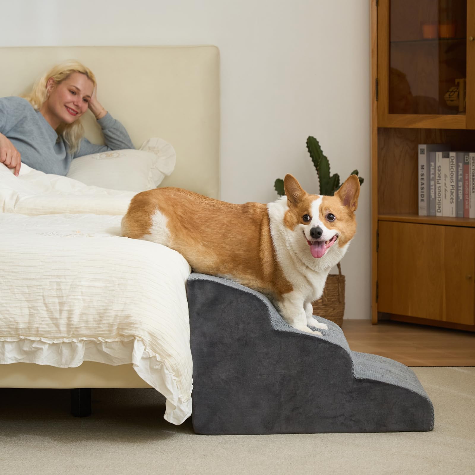 Dripex Curved Dog Stairs for Beds Couches, 3-Step Dog Steps with Durable Non-Slip Fabric Cover, Dog Slope Stairs for Small Dogs, Cats or Pets Friendly, Grey — image 1