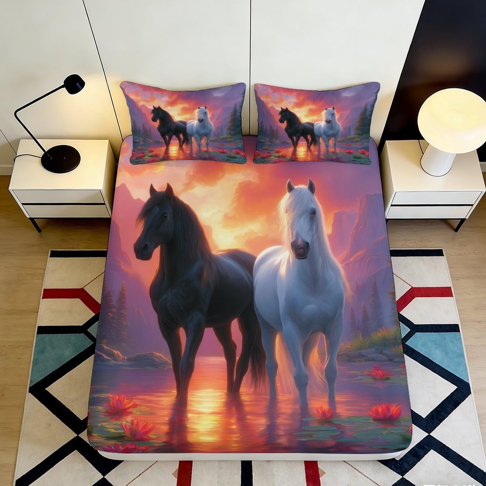 3D Printed Black Horse Sunset Fitted Sheet Microfiber Bed Cover Scenic White Horse Mattress Cover Bedroom Decor 140x200x25cm