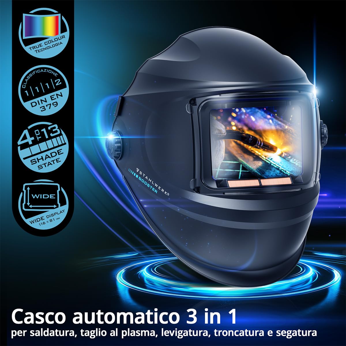 STAHLWERK Casco per saldatura automatico 3-in-1 BOOSTER – Casco con True-Colour, oscuramento DIN 4-13, memoria lavori, classe 1/1/1/2, campo visivo 116 x 81 mm