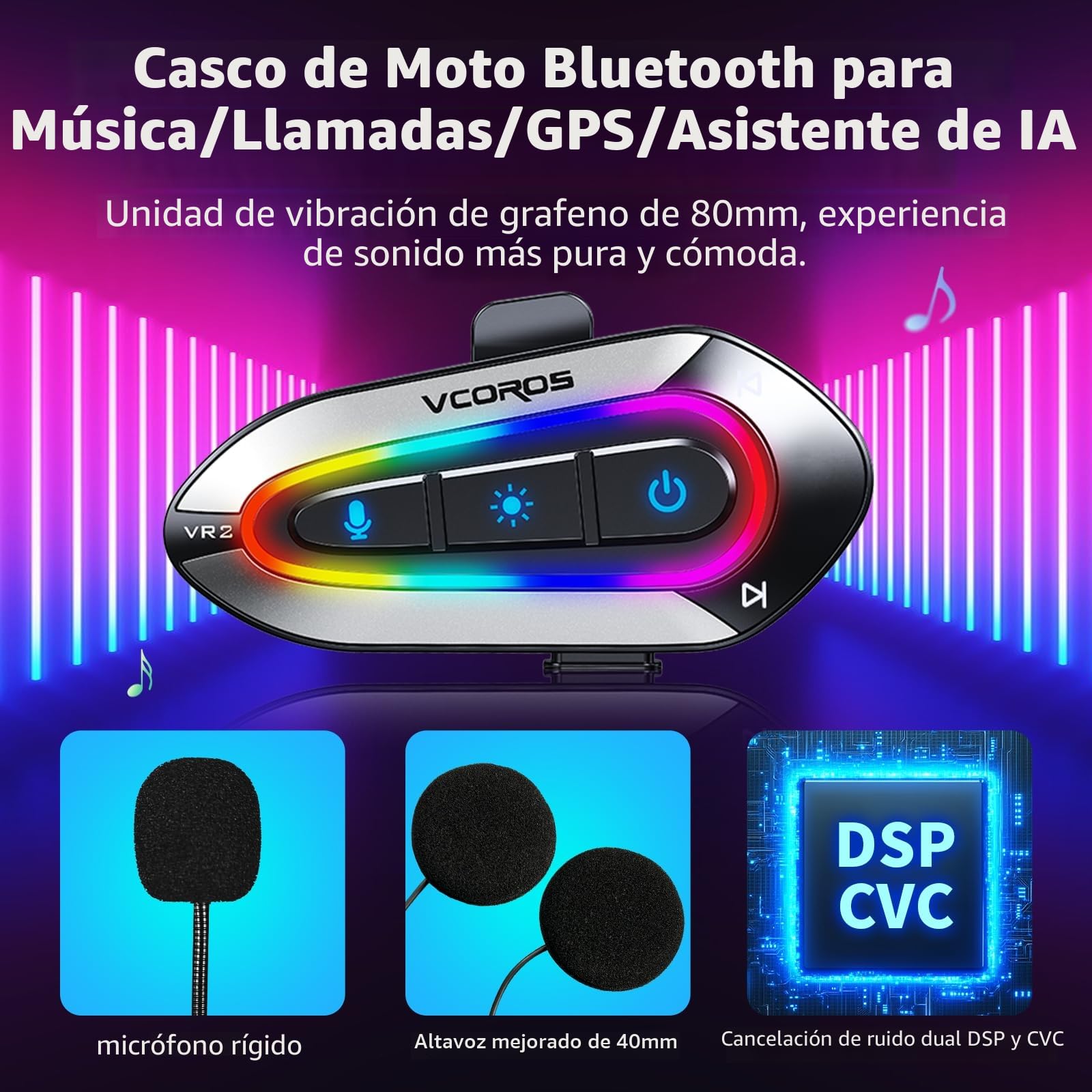 VCOROS Auriculares Casco Moto,VR2 Manos Libres Moto Bluetooth,5.4 Bluetooth Cancelación de Ruido DSP&CVC,Iluminación RGB,IPX6 Impermeable,Respuesta AutomáticaCompatible con Todos Los Cascos 1000mAH