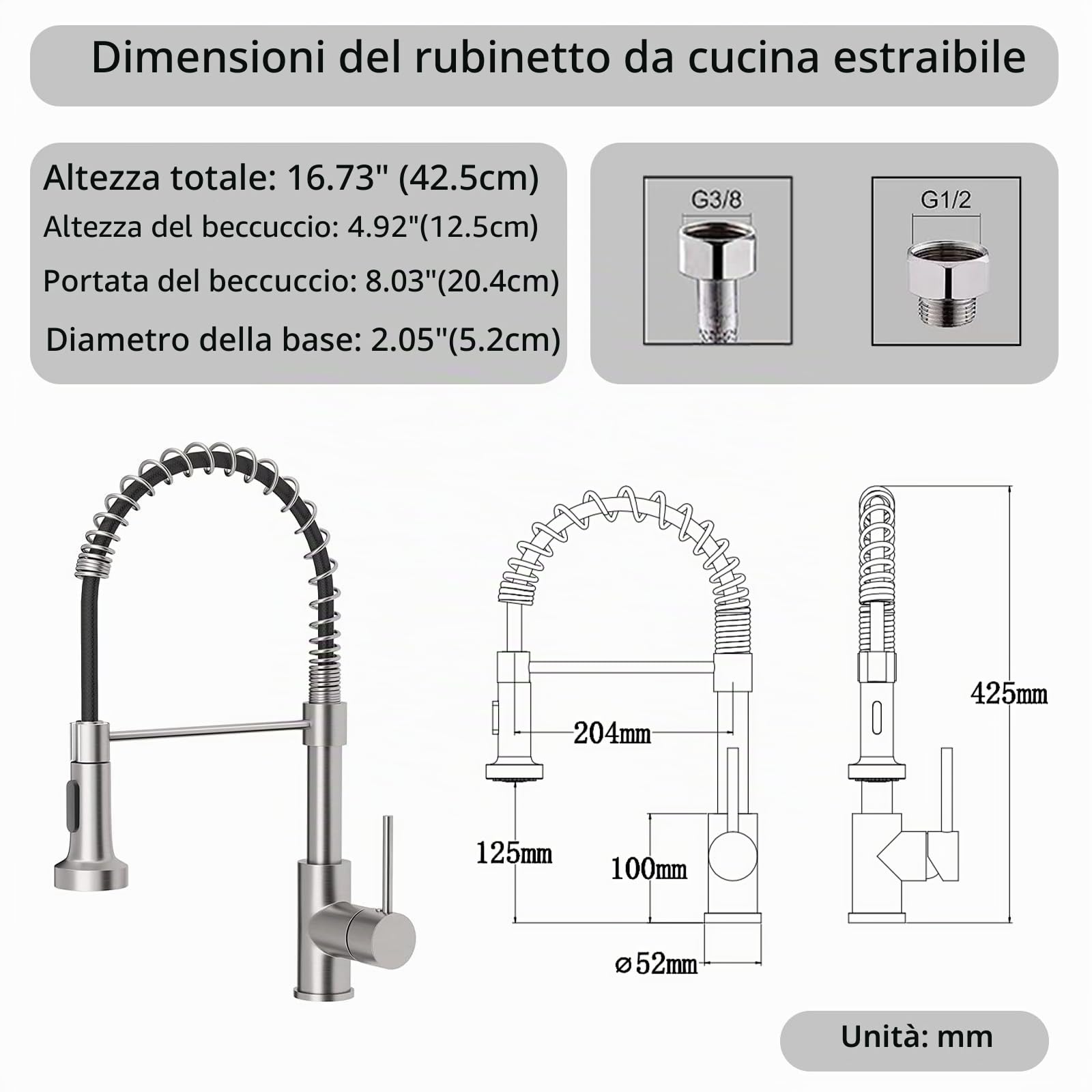 Lavello Cucina 75 x 45 cm + Rubinetto Cucina Estensibile, Lavello con Sgocciolatoio e Sifone, Lavello Cucina 1 Vasca Quadrata, Lavello Incasso con 2 Fori Rubinetto, Acciaio Inox Spazzolato