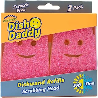 Scrub Daddy Dish Wand Sponge Replacement Heads, Soap Dispensing Dish Scrubbing Brush, Texture Changing Washing Up Brush with Liquid Dispenser, Brushes with Scraper & Detachable Head Sponges, 2 Pack