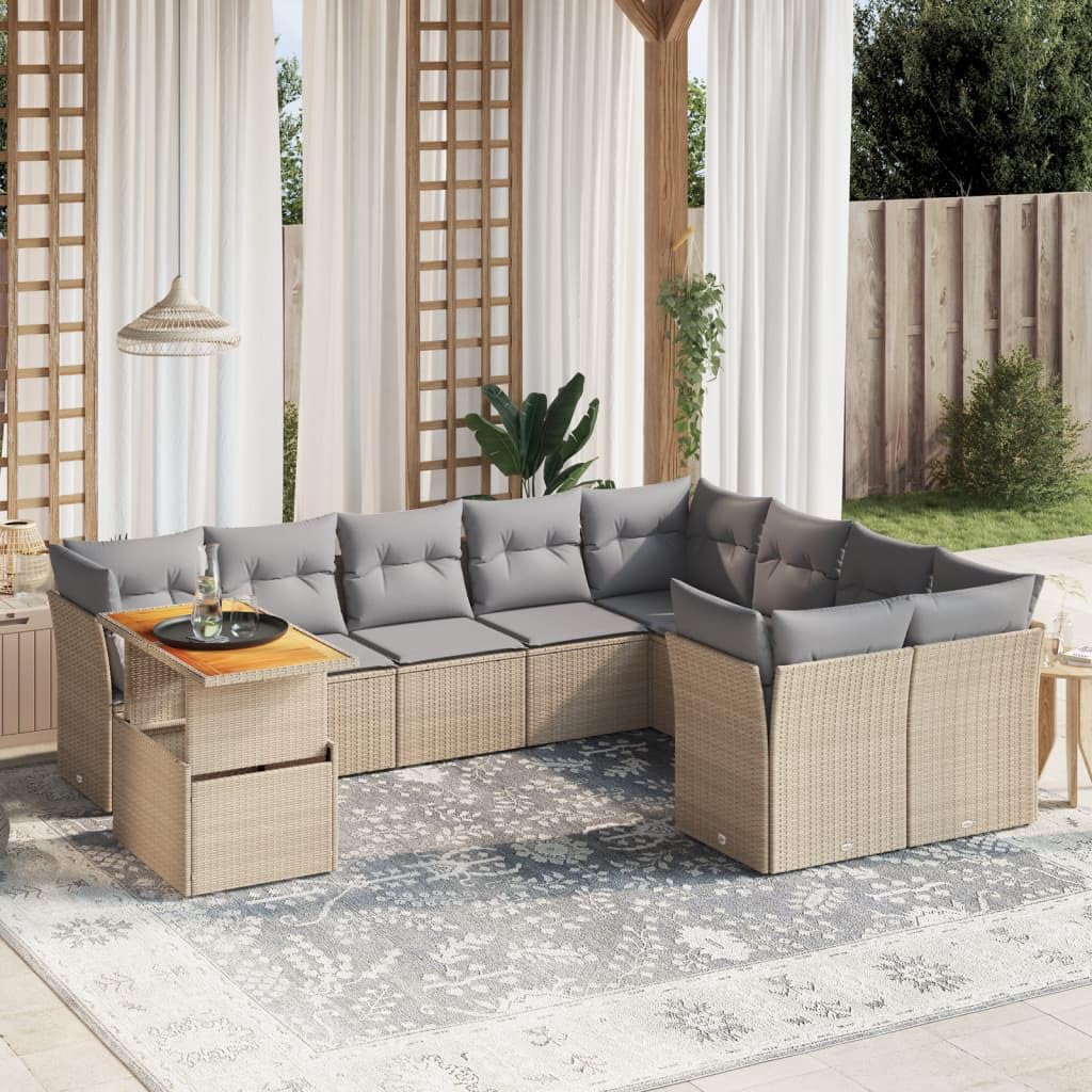 Set Divano da Giardino 10 pz con Cuscini Beige in Polyrattan,Set di Conversazione per Patio,Set Salotto da Esterno,Set Divano da Giardino Esterno-3271017